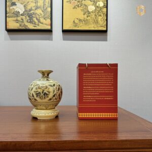 Bình hút lộc Gốm Chu Đậu H23 hoạ tiết hoa phù dung vẽ vàng 24k HLPD01