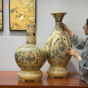 Cặp Bình Hoa Lam Gốm Chu Đậu H60 – Tỳ Bà H75 Vẽ Vàng Tinh Xảo 24K CB5