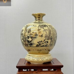 Bình hút lộc Gốm Chu Đậu H30 hoạ tiết tứ cảnh sơn thuỷ vẽ vàng 24k HLTCST03