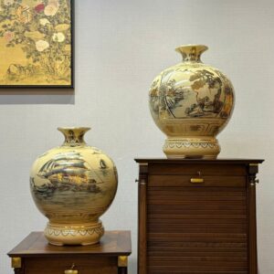 Cặp Bình Hút Lộc H35 Gốm Chu Đậu Hoạ Tiết Tứ Cảnh - Hoạ Tiết Nhị Cảnh Vẽ Vàng 24K