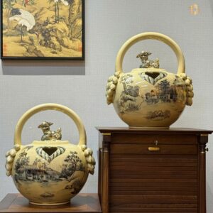 Cặp Bình Vôi Gốm Chu Đậu Vẽ Vàng 24K Thủ Công Tinh Xảo H44