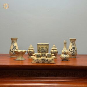 Bộ Đồ Thờ Gốm Chu Đậu Hoạ Tiết Hoa Sen Men Truyền Thống Ban Dài 81cm