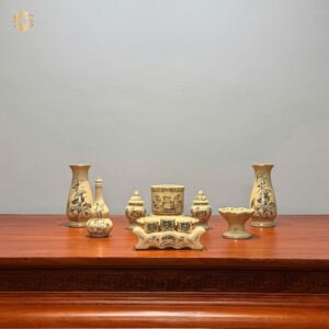 Bộ Đồ Thờ Gốm Chu Đậu Hoạ Tiết Sen Vẽ Vàng 24K Ban 81cm