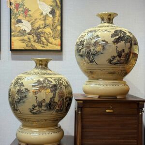 Cặp Bình Hút Lộc H45 Pro Gốm Chu Đậu Hoạ Tiết Tứ Cảnh Sơn Thuỷ Vẽ Vàng 24K