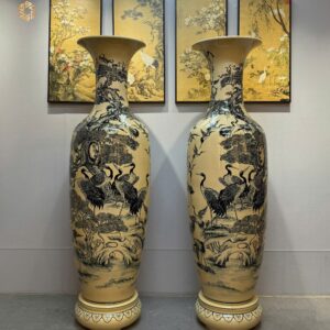 Lộc Bình Gốm Chu Đậu 1M75 Hoạ Tiết Bách Hạc Quần Tùng Men Gốm Truyền Thống