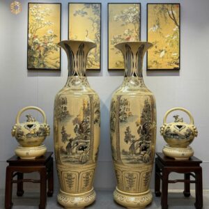 Combo Gốm Chu Đậu Lộc Bình 1M65 Tứ Cảnh Sơn Thuỷ & Bình Vôi Vẽ Vàng 24K Tinh Xảo