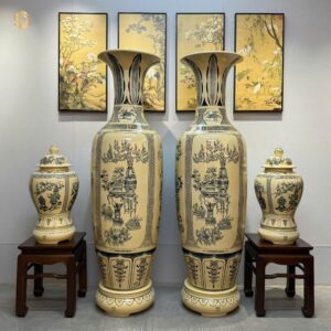 ComBo Lộc Bình Gốm Chu Đậu 1M75 Hoạ Tiết Tứ Cảnh Cổ Đồ & Cặp Choé Men Gốm Truyền Thống