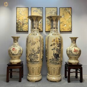 ComBo Lộc Bình 1M75 Gốm Chu Đậu Tứ Cảnh Bốn Mùa & Cặp Bình Phú Quý H65 Vẽ Vàng 24K Tinh Xảo