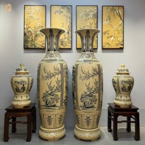 ComBo Lộc Bình Gốm Chu Đậu 1M65 Hoạ Tiết Tứ Cảnh Bốn Mùa & Cặp Choé Cổ Đồ Men Gốm Truyền Thống