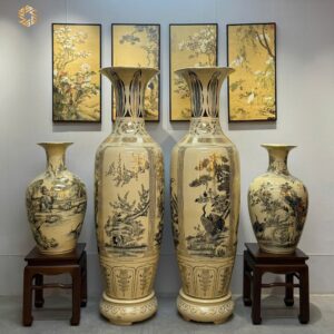 ComBo Lộc Bình 1M75 Gốm Chu Đậu Tứ Cảnh Bốn Mùa & Cặp Bảo Bình H82 Vẽ Vàng 24K Tinh Xảo