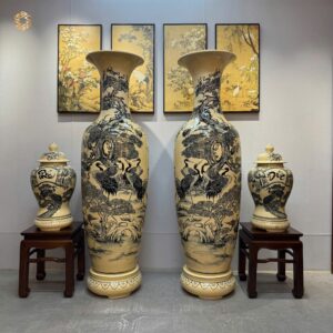 ComBo Lộc Bình Gốm Chu Đậu 1M75 Hoạ Tiết Bách Hạc Quần Tùng & Cặp Choé Phúc Đức H60 Men Gốm Truyền Thống