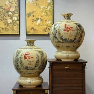 Cặp Bình Hút Lộc H45 Pro Gốm Chu Đậu Hoạ Tiết Chữ Phúc & Chữ Lộc Vẽ Vàng 24K