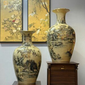 Cặp Bảo Bình Gốm Chu Đậu H95 Hoạ Tiết Sơn Thuỷ Hữu Tình Vẽ Vàng 24K Tinh Xảo Bậc Nhất.