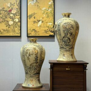 Cặp Mai Bình H60 Gốm Chu Đậu Hoạ Tiết Tứ Cảnh Vẽ Vàng 24K Tinh Xảo.