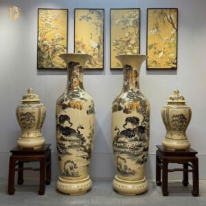 Lộc Bình Gốm Chu Đậu 1M55 Tùng Hạc Vẽ Vàng  & Choé Tứ Cảnh Bốn Mùa H72 Vẽ Vàng 24K.