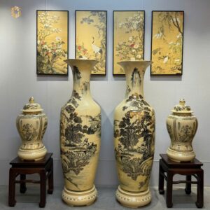 Lộc Bình Gốm Chu Đậu 1M55 Sơn Thuỷ Hữu Tình & Cặp Choé H60 Vẽ Vàng 24K