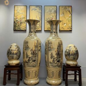 Lộc Bình Gốm Chu Đậu Lộc Bình Gốm Chu Đậu 1M55 Sơn Thuỷ Hữu Tình & Trứng Tài Lộc H45 Vẽ Vàng 24K