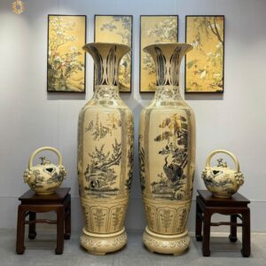 ComBo Lộc Bình 1M75 Gốm Chu Đậu Tứ Cảnh Bốn Mùa & Cặp Bình Vôi Chu Đậu Vẽ Vàng 24K