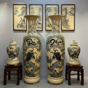 ComBo Lộc Bình Gốm Chu Đậu 1M75 Chữ Phúc - Chữ Đức & Cặp Choé Phúc Đức H60 Men Gốm Truyền Thống