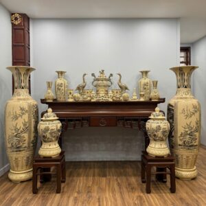 Bộ Đồ Thờ Vẽ Vàng 24K Bát Hương Rồng Đắp Nổi Kết Hợp Đỉnh Hạc Tứ Linh Tinh Xảo Ban 217cm