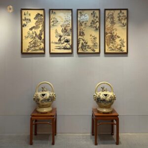 Tranh Gốm Chu Đậu Hoạ Tứ Cảnh Sơn Thuỷ Vẽ Vàng 24K 43cm x 81cm.