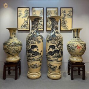 Combo Lộc Bình 1M75 Tùng Hạc & Bình Phú Quý 1M Men Gốm Truyền Thống