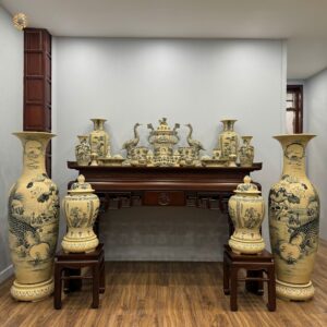 Combo Gốm Tâm Linh & Lộc Bình Lý Ngư Vọng Nguyệt 1M55 & Choé Tứ Cảnh H60 Men Gốm Truyền Thống