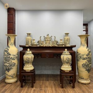 Combo Gốm Tâm Linh & Lộc Bình Sơn Thuỷ Hữu Tình 1M75 & Choé Tứ Cảnh H60 Men Gốm Truyền Thống