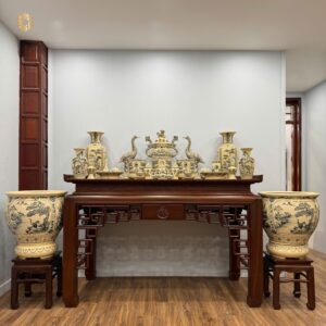 Cặp Thống Gốm Chu Đậu Tứ Cảnh Sơn Thuỷ F60 X H56 Men Gốm Truyền Thống