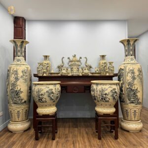 Combo Gốm Tâm Linh & Lộc Bình Tinh Hoa Tứ Cảnh 2M50 & Cặp Thống F60 Men Gốm Truyền Thống