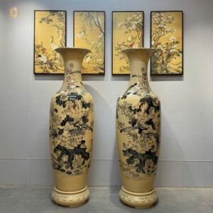 Lộc Bình Gốm Chu Đậu 1M75 Hoạ Tiết Hoa Sen Vẽ Vàng 24K Tinh Xảo