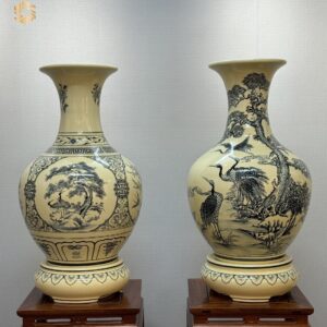 Cặp Bình Phú Quý Gốm Chu Đậu H65 Hoạ Tiết Tùng Hạc & Tứ Cảnh Truyền Thống