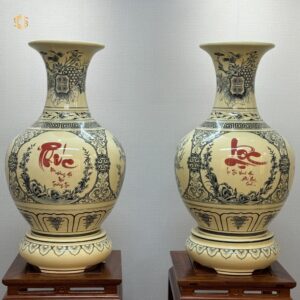 Cặp Bình Phú Quý Gốm Chu Đậu H65 Hoạ Tiết  Chữ Phúc - Chữ Lộc Truyền Thống