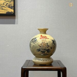 Bình hút lộc Gốm Chu Đậu H23 hoạ tiết hoa sen cá chép chữ Lộc vẽ vàng 24k