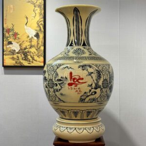 Bình Phú Quý Gốm Chu Đậu H85 Hoạ Tiết Tứ Cảnh Chữ Lộc Men Gốm Truyền Thống