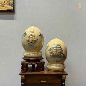 Cặp Bình  Trứng Tài Lộc H25 Hoa Sen Cá Chép & Thuận Buồm Xuôi Gió Vẽ Vàng 24K