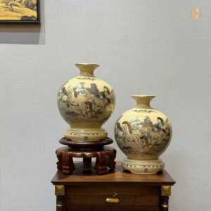 Cặp Bình Hút Lộc Gốm Chu Đậu H25 Hoạ Tiết Mã Đáo Thành Công Vẽ Vàng 24K