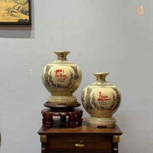 Cặp Bình Hút Lộc Gốm Chu Đậu H25 Hoạ Tiết Chữ Phúc - Chữ Lộc Vẽ Vàng 24K