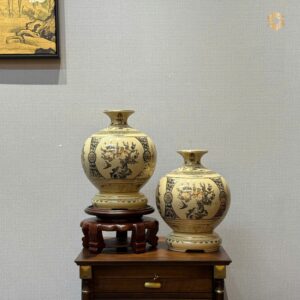 Cặp Bình Hút Lộc Gốm Chu Đậu H25 Hoạ Tiết Tứ Cảnh Bốn Mùa Vẽ Vàng 24K