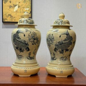 Cặp Choé H60 Lý Ngư Vọng Nguyệt Men Gốm Truyền Thống