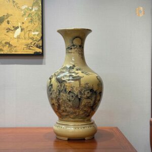 Bình Phú Quý Gốm Chu Đậu H65 Hoạ Tiết Cá Chép Vượt Vũ Môn Vẽ Vàng 24K