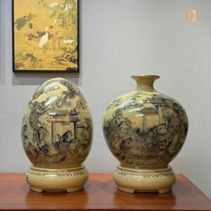 Combo Trứng Tài Lộc H45 & Bình Hút Lộc Gốm Chu Đậu H45 Cá Chép Vượt Vũ Môn Vẽ Vàng 24K