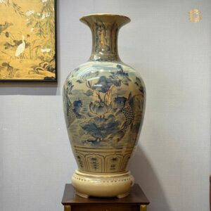 Bảo Bình Gốm Chu Đậu Men Cổ Lam Hoạ Tiết Hoa Sen Cá Chép H95 Vẽ Vàng 24K