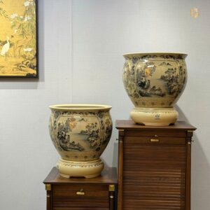 Cặp Thống Gốm Chu Đậu Tứ Cảnh Sơn Thuỷ F40 X H32 Men Gốm Vẽ Vàng 24K