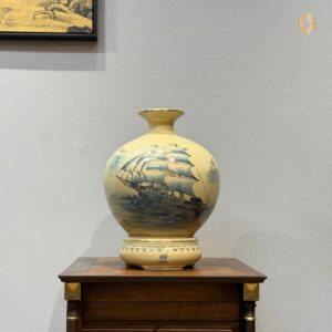 Bình Hút Lộc Gốm Chu Đậu Men Cổ Lam H30 Hoạ Tiết Thuận Buồm Xuôi Gió Vẽ vàng HLTBCL03