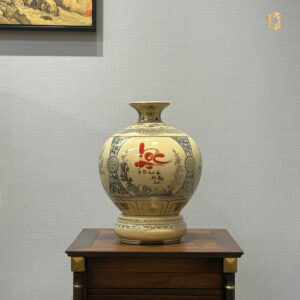 Bình Hút Lộc Gốm Chu Đậu Chữ Lộc H30 Men Cổ Lam Vẽ Vàng 24K Tinh Xảo