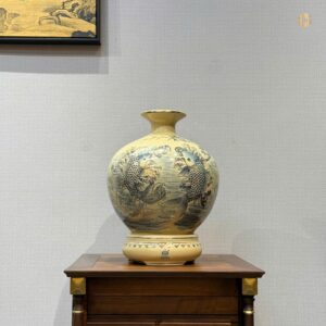 Bình Hút Lộc Gốm Chu Đậu Men Cổ Lam H30 Hoa Sen Cá Chép Vẽ Vàng 24K