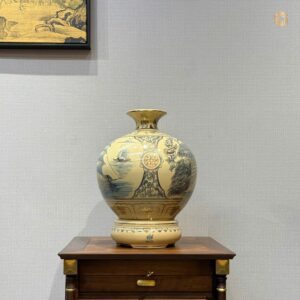 Bình Hút Lộc Gốm Chu Đậu Men Cổ Lam H30 Nhị Cảnh Thuận Buôm & Công Đào Vẽ Vàng 24K