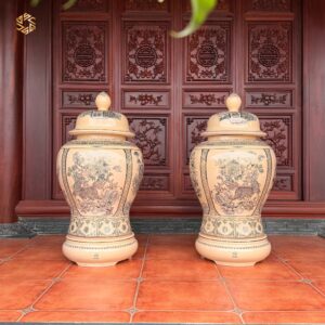 Cặp Choé Gốm Chu Đậu 1M25 Hoạ Tiết Tứ Linh, Vẽ Vàng 24K Tinh Xảo Bậc Nhất.