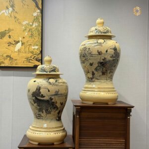 Cặp Choé Gốm Chu Đậu H60 Lý Ngư Vọng Nguyệt Vẽ Vàng 24K Tinh Xảo